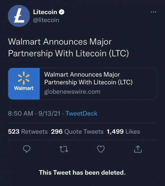 Фейк о партнерстве Walmart и Litecoin поднял курс LTC на 30%