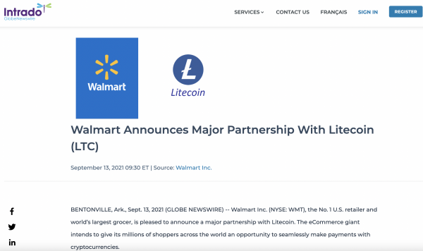 Криптовалютный рынок встряхнула фейковая новость о партнерстве Litecoin с Wallmart